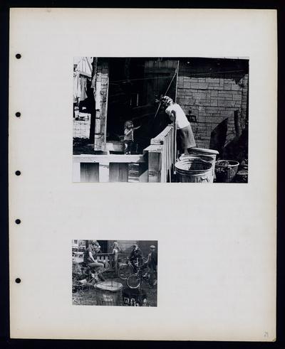 Woman leaning over fence to talk to a child, Five children outside, two on bikes. Both photos located in Irishtown