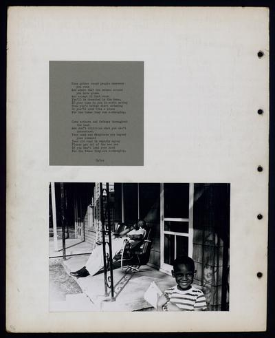 African-American man seated on porch with smiling child standing in front, picture taken on Kenton Street
                            Come gather round people wherever you roam and admit that the waters around you have grown... Dylan