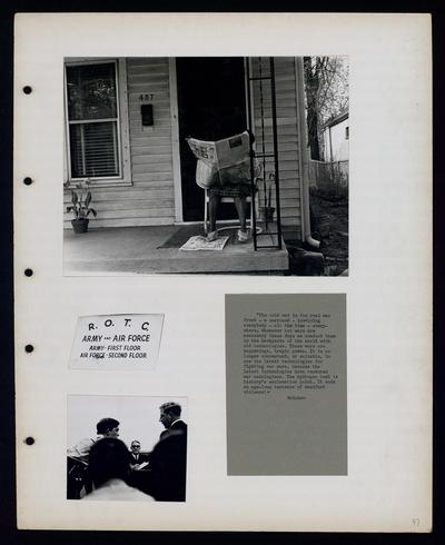 African-American woman reading newspaper on porch, R.O.T.C Army and Airforce sign, Four men in meeting
                            The cold war is the real war front - a surround - involving everybody... McLuhan