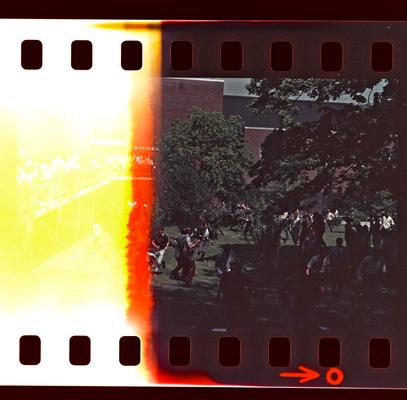 Groups of people in front of the Student Center