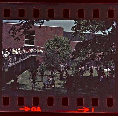 Groups of people in front of the Student Center