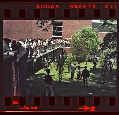 Groups of people in front of the Student Center