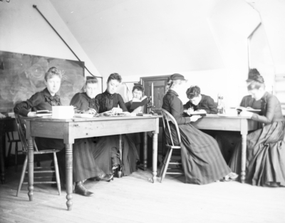 women sitting at table appears that they are studying