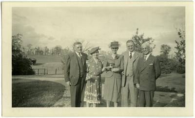 Five people at Traveler's Rest;                              [illegible], Mrs. S.M. Wilson, Garret McDonald, Clinton H[illegible], Mr. David Shelby noted on back photo