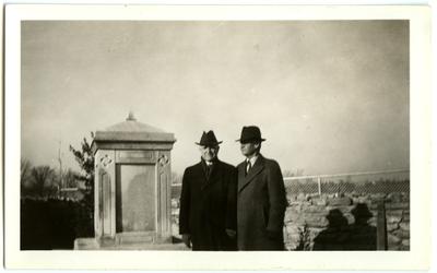 Two men by Governor Isaac Shelby's grave at Traveler's Rest