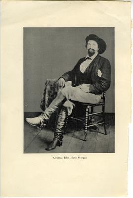 Brigadier General John Hunt Morgan C.S.A.; Morgan in civilian dress and a cavalry hat, reproduction cut from book