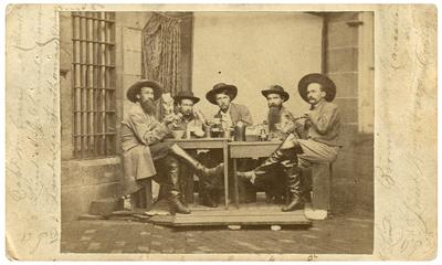 Group of                              Morgan's Men while prisoners of war in Western Penitentiary, Pennsylvania; (l to r) Captain William E. Curry, 8th Kentucky Cavalry; Lieutenant Andrew J. Church, 8th Kentucky Cavalry; Lieutenant Leeland Hathaway, 14th Kentucky Cavalry; Lieutenant Henry D. Brown, 10th Kentucky Cavalry; Lieutenant William Hays, 20th Kentucky Cavalry; all were captured with John Hunt Morgan in Ohio