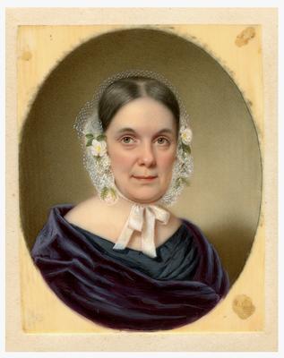 Elizabeth Abercrombie (1794-1848), handwritten on back in ink                              Painted by John W Dodge / of New York City / Lexington, Kentucky / Finished June 26th 1843. / Likely of / Mrs. Dan Vertner reproduction of a portrait