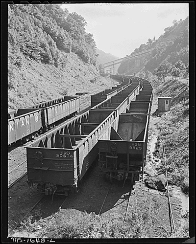 Empty coal cars for loading at tipple.  Kopperston, Wyoming County, W. Va. 8/20/46