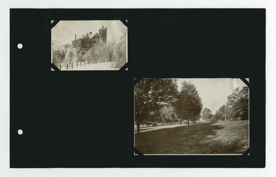 (2) photographic prints: Barker Hall in winter; campus lawn