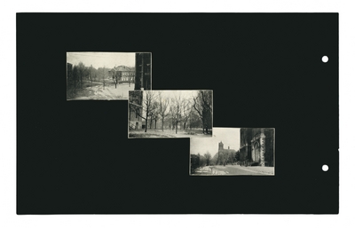 (3) photographic prints: Carnegie library in background, corner of Natural Science in foreground; campus lawn; drive in front of Administration Building in winter