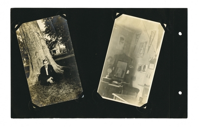 (2) photos: Young man in suit sitting beside tree; interior of a dormitory room shwoing desk and pennants