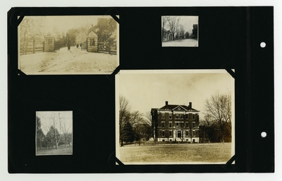 (4) photos: UK campus entrance gates; (2) small campus scenes; Frazee Hall