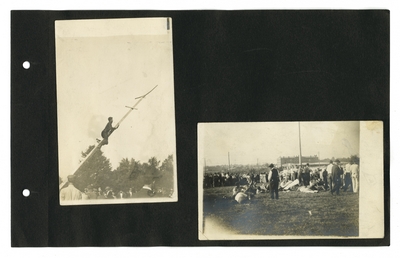 (3) photos: man climbing pole as people watch; women standing on lawn; men wrestling on grass