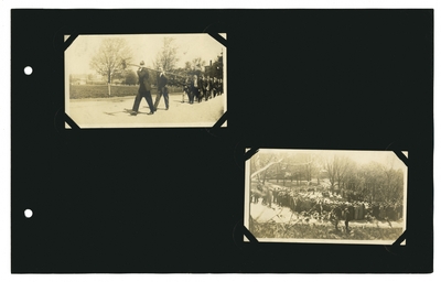 (2) photos: men carrying uprooted tree in mock Willis Smith funeral procession; gathering for the mock funeral on the front lawn