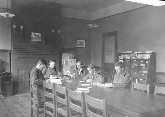 Agriculture Reading Room, 1. ?, 2. ?, 3. G. C. Routt 4. Professor George Roberts 5. Carlton Ball 6. Dr. L. E. Smith, circa 1908-1909