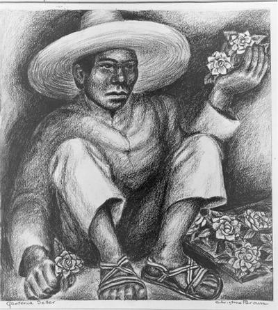 Mexican man with flowers, Christine Brown, artist