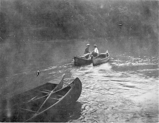 Kappa Sigma camp, Chicago, Illinois, students in canoe, summer 1920