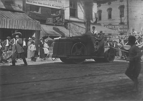 May Day Parade float pulled by steam engine, downtown Lexington