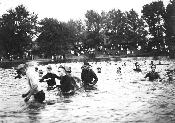 Student Tug-of-War at Clifton Pond, competition between freshman and sophomore classes, activity began in 1913 during Commencement festivities