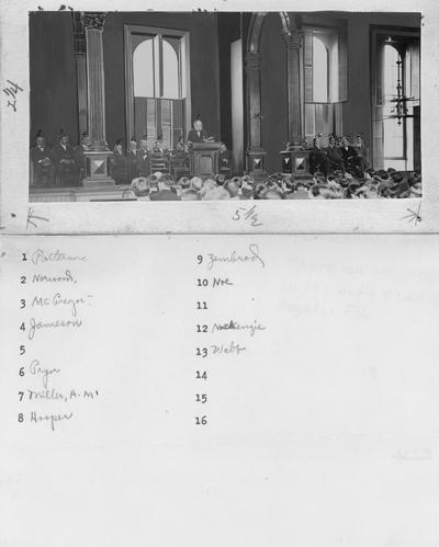 Administration Building, interior 1. President James K. Patterson speaking in Administration Building chapel 2. C. J. Norwood 3. McGregor? 4. Knox Jamison 5. ? 6. Joseph William Pryor 7. Alfred M. Miller 8. John J. Hooper 9. Alfred Zembrod 10. J. T. Cotton Noe 11. ? 12. Alexander Mackenzie 13. William Webb 14 - 16