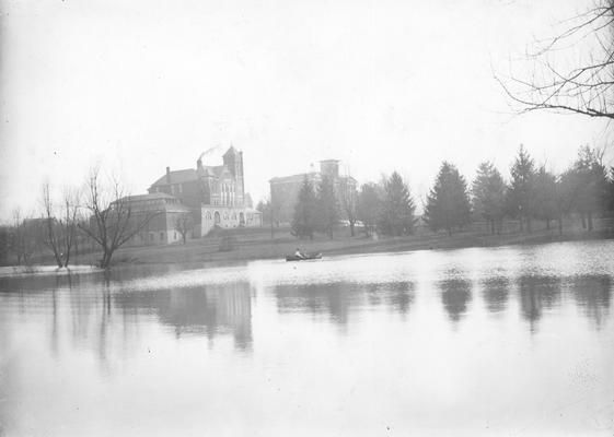 Scene of the lake and the campus, flat roofed cupola, 1903 - 1919, framed print displayed on the wall of the University Archives and Records Program in Margaret I. King Library, year 2000