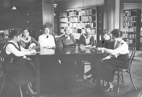 Library Club, 1. ? 2. Minnie Neville 3. Margaret King 4. Dean A. J. Hamilton 5. Freda Lenon 6. Margaret Tuttle