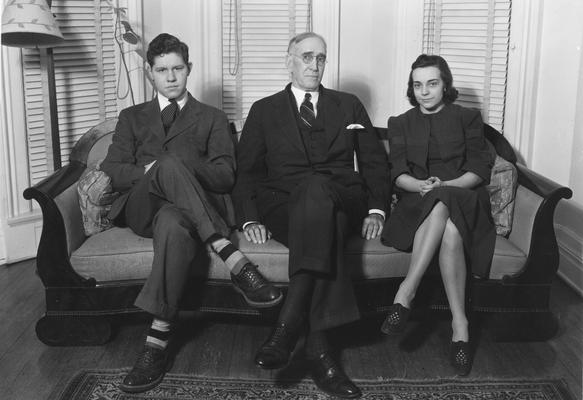 Alma Magna Mater members, Richard Pindell Stoll, President Frank L. McVey and Dorothy Hillenmeyer (Mrs. Richard Crutcher), 1943