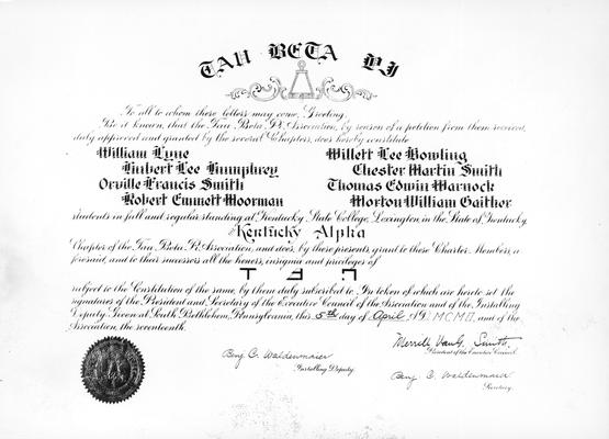 Tau Beta Pi certificate with members' names