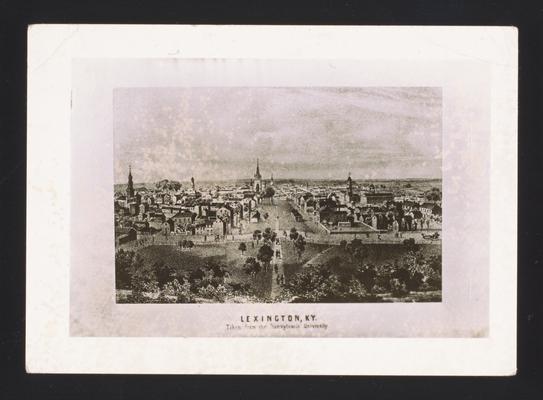 Bird's Eye View of Lexington, Kentucky. Lithograph made from plate in Ballou's Pictoral Drawing Room. Photographic reproduction of Lexington from Morrison College