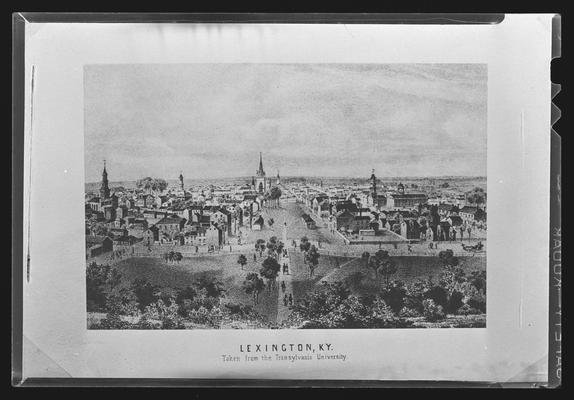 Bird's Eye View of Lexington, Kentucky. Lithograph made from plate in Ballou's Pictoral Drawing Room. Photographic reproduction of Lexington from Morrison College