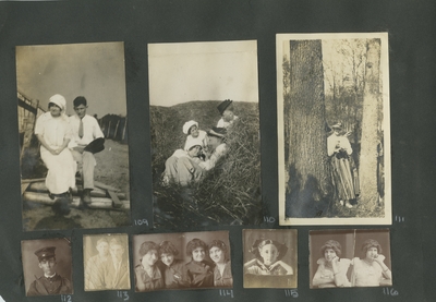 a man and woman sitting together outside; 2 men and 2 women sitting together in a pile of hay; a woman leaning against a tree; a small photograph of a man in uniform; a small photograph of 2 men; a strip of 2 uncut small photographs of 2 women; a small photograph of a young girl wearing a large hair bow