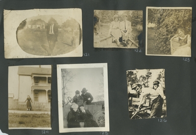 a man walking; a man and woman sitting in a boat together; a woman sitting in a lawn chair; a woman standing by a fence with a house in the background; 2 men and 2 women sitting in a car together; 4 men outside working