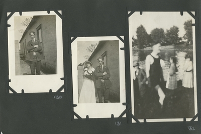 a man standing next to a building; a man (appears to be the same man as in item #130) and a woman standing next to a building; a  blurry photograph of a man with a woman and 2 children in the background