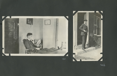 a man sitting with his feet up reading a book and smoking a pipe; a man stepping out the door in a suit and hat