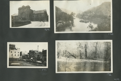 exterior of a building; landscape view, body of water with trees and rocks; city street with cars and buildings; landscape view, trees and water