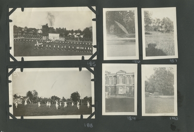 people marching in formation on football field; trees and sidewalk; grass and trees; dancers on the football field; exterior of building with a person a bike in front of it; trees and sidewalk