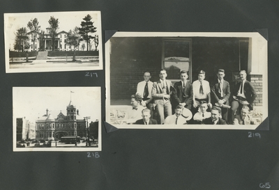 exterior of a building; exterior of a building; group portrait of 12 men sitting on steps