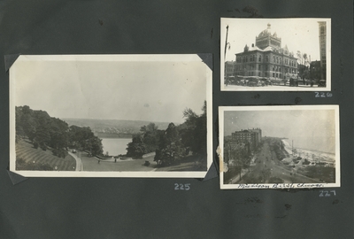 view of a road and a body of water; exterior of a building; 