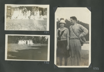 group of women dressed in costume; group of women (appear to be the same women as item #70) dressed in costume and dancing; a man and woman standing together