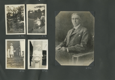 a rock; 2 children playing on the sidewalk; a woman standing on the top of the porch steps; a bust, in front of pillar; portrait of Frank L. McVey