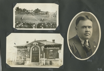 a football game with people watching; exterior of a building; oval portrait of an unidentified man