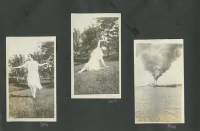 a woman dancing; a woman (appears to be the same woman as image #306) dancing; a steamboat on the water