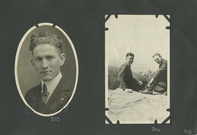 oval portrait of man, appears to be W.H. Peal; 2 men sitting on a large rock