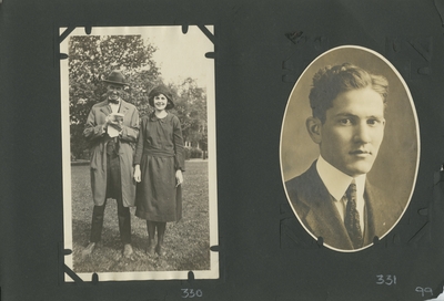 man and a woman standing outside; oval portrait of 