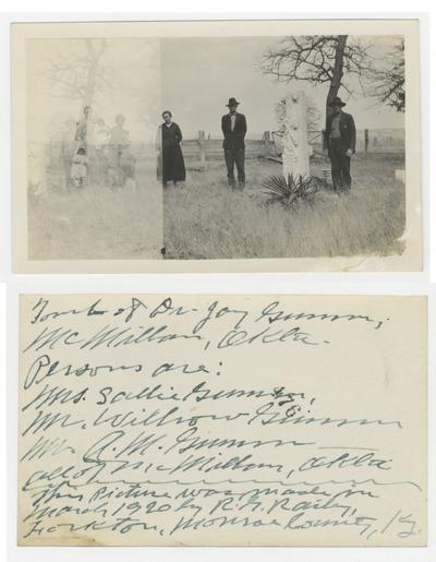 Tomb of Dr. Jay Gumm; McMillan, Okla. Persons are: Mrs. Sallie Gumm, Mr. Wilson Gumm, Mr. A.M. Gumm - all of McMillan, Okla. double exposed image, far left is second image of above tomb with unidentified woman and children