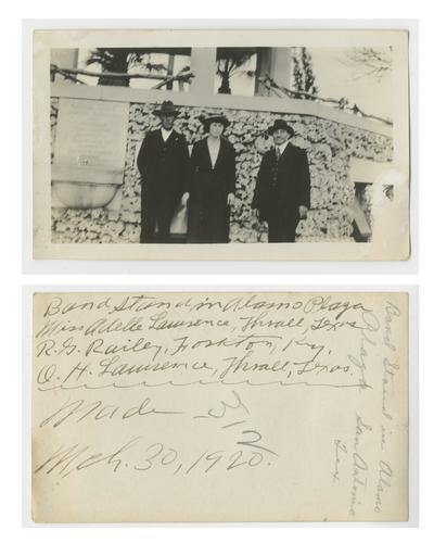 Bandstand in Alamo Plaza Miss Adelle Lawrence, Thrall, Texas. R.G. Railey, Forkton, Ky. O.H. Lawrence, Thrall, Texas