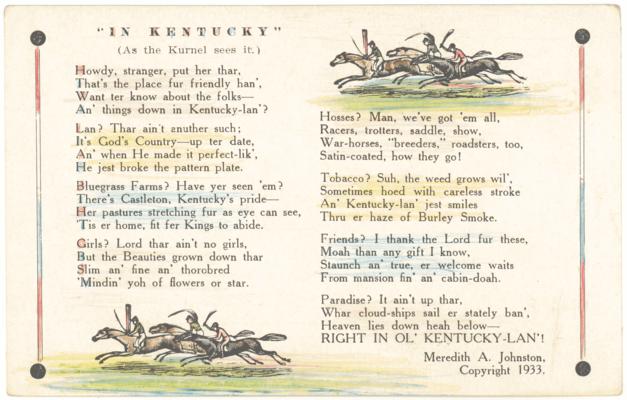 In Kentucky (As the Kurnel Sees It) [Eight Verse Poem by Meredith A. Johnston - Copyright 1933]