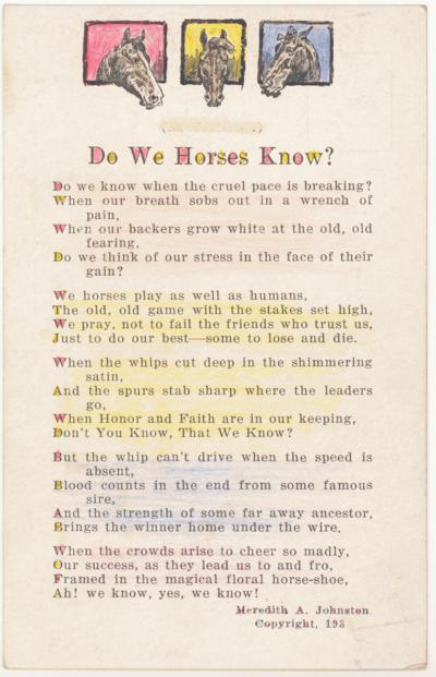 Do We Horses Know? [Six Verse Poem by Meredith A. Johnston - Copyright 1933]