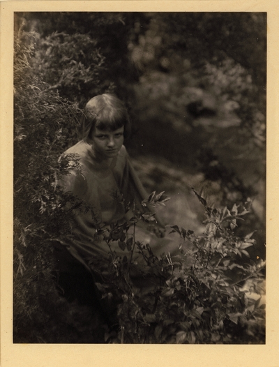 Girl kneeling behind bushes